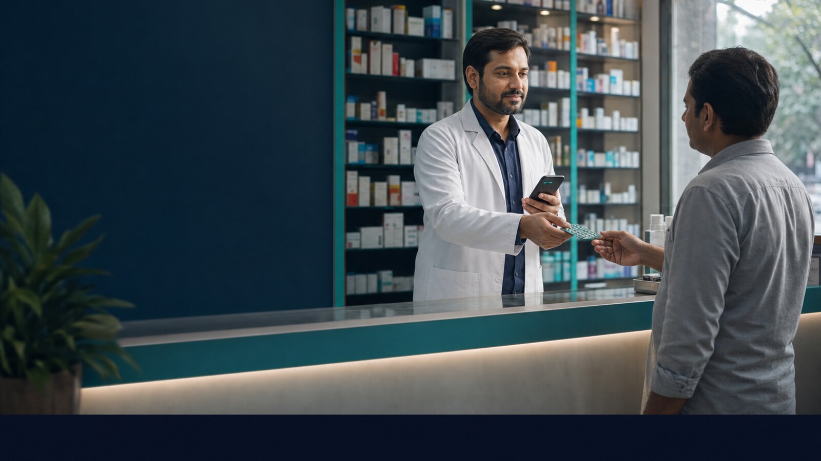 A chemist serving a customer at the billing counter of an Indian pharmacy.