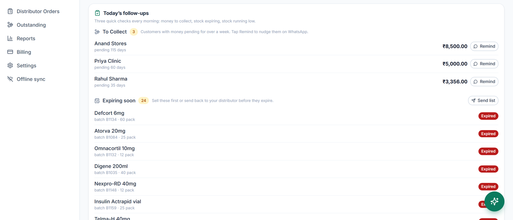 Entyti dashboard listing near expiry batches, low stock items and the day's sales for a demo shop.