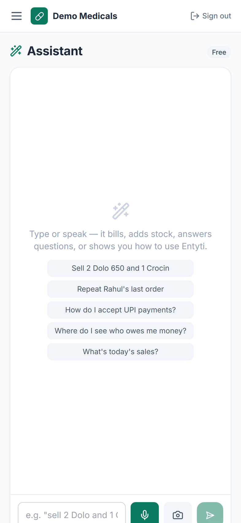 The Entyti assistant in a phone browser, answering a question from a demo pharmacy's own data.
